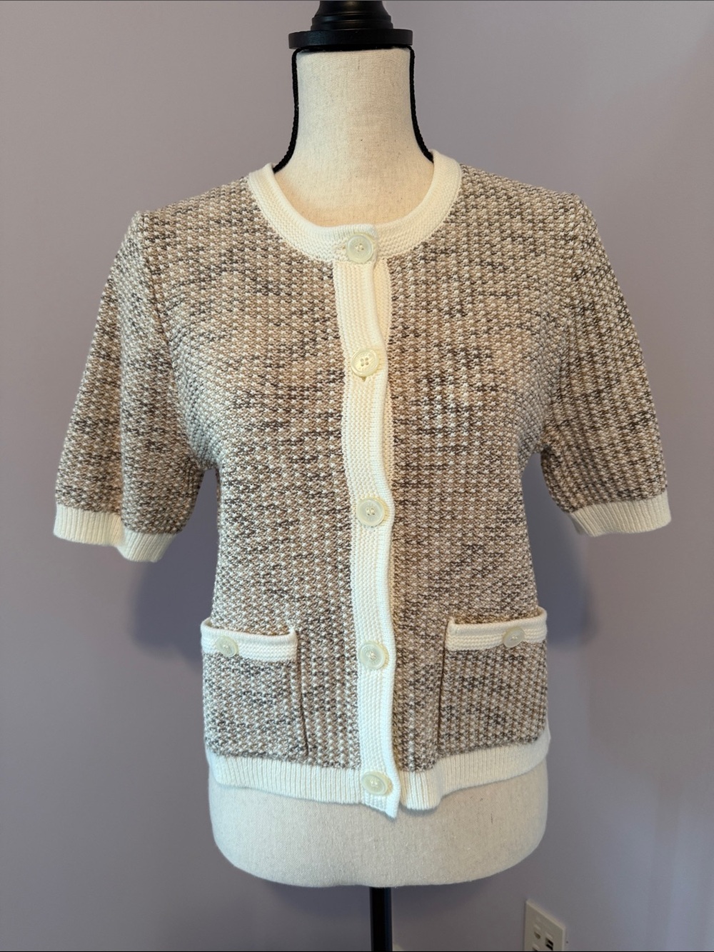 J. Crew Cream-Trim Taupe Knit Short-Sleeve Cardigan